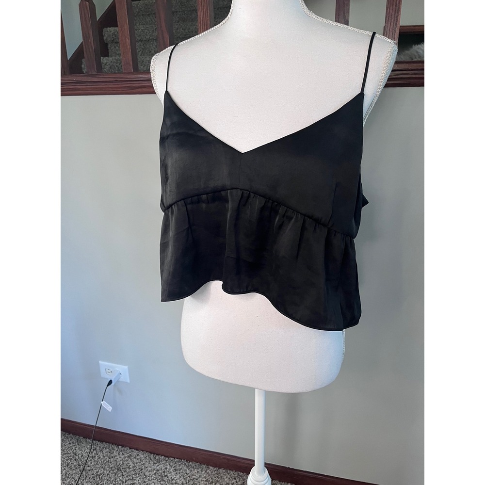 Wilfred Aritzia Black Satin Cropped Peplum Cami Top V-Neck Adjustable Straps L